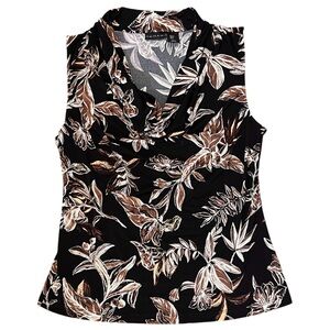 Tahari Cowl Neck Black and Brown Floral Leaf Print Sleeveless Blouse Size Small